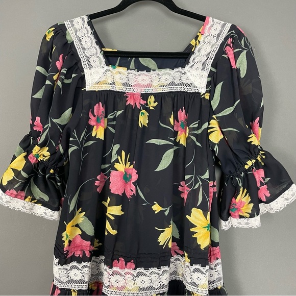 Handmade Muumuu Dress Sheer Black Floral Puffed Sleeve‎ Dropped Waist Lace Midi - Picture 8 of 10